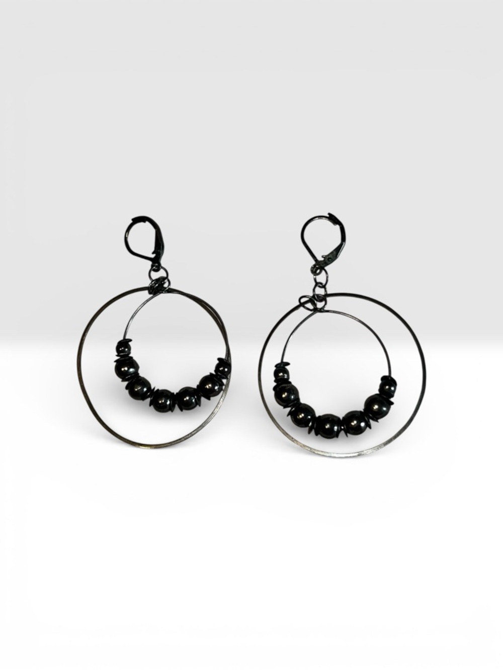 Black Double Hoop Bead Drop Earrings